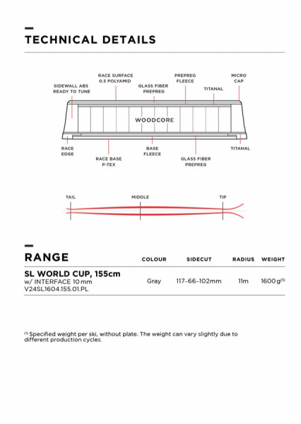 Горные лыжи Van Deer SL WORLD CUP 155cm R11 с платформой Marker 10 mm без креплений